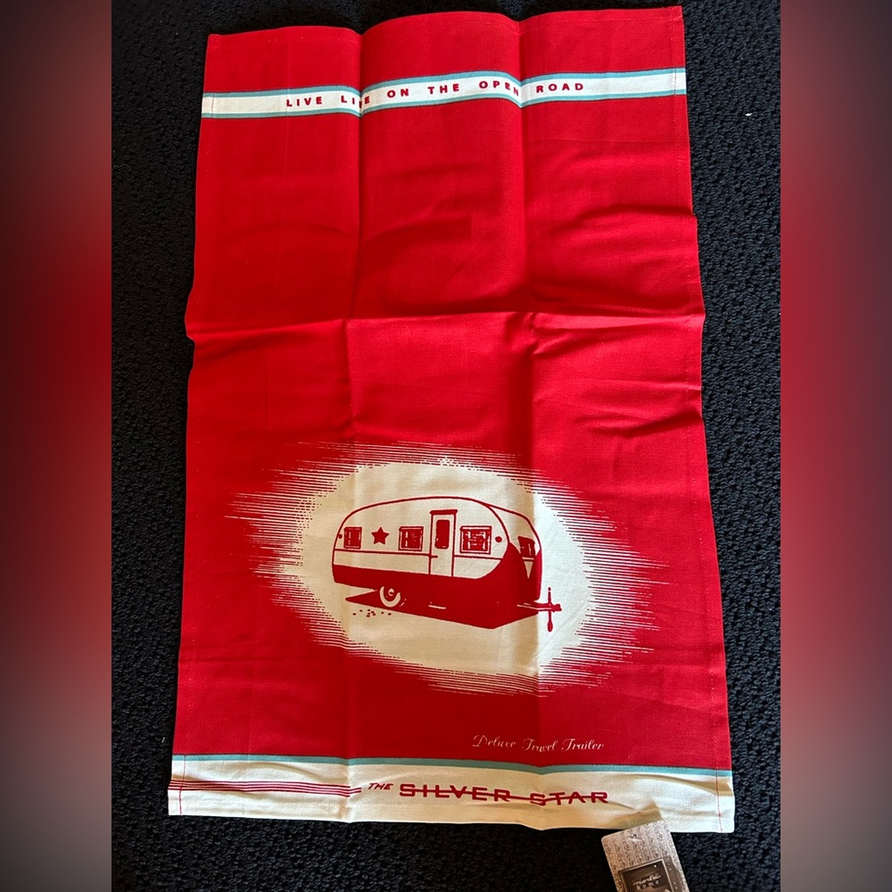 Red Travel Trailer " Live Life on the Open Road " Kitchen Towel